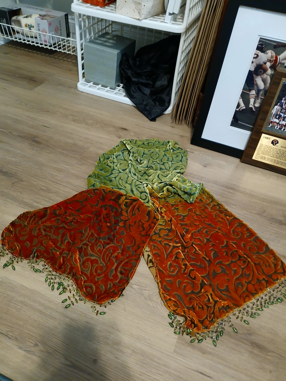 Abstract Pattern Beaded Fringe Scarf Orange & Green Like New